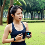 **Prompt:** A stylish Vietnamese woman wearing a modern smartwatch with a round face and a leather strap, exercising in a park in Ho Chi Minh City. The smartwatch displays heart rate and workout data. Focus on the watch and the woman's active lifestyle, showcasing the integration of technology and fitness.