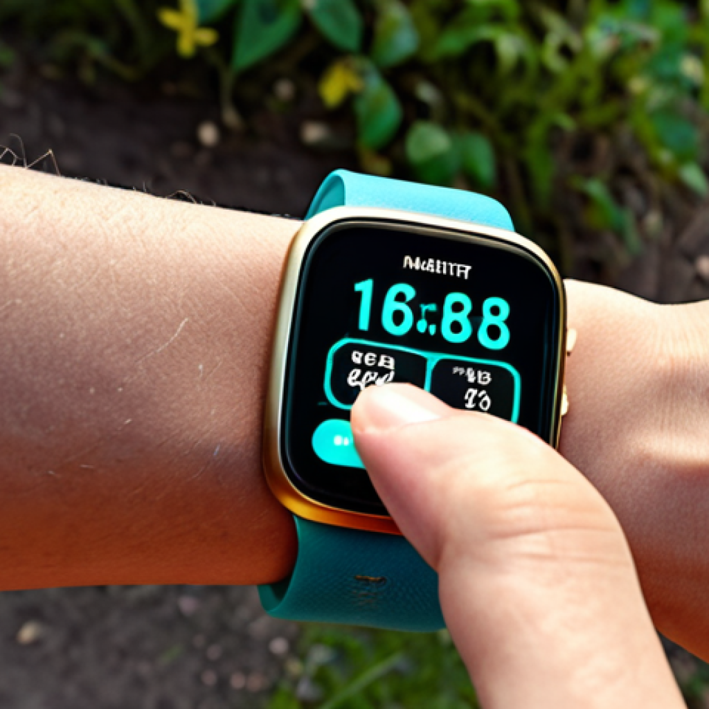 **Smartwatch on a wrist, displaying health data metrics like heart rate and sleep patterns, with a background suggesting an active lifestyle (e.g., running trail or gym).**