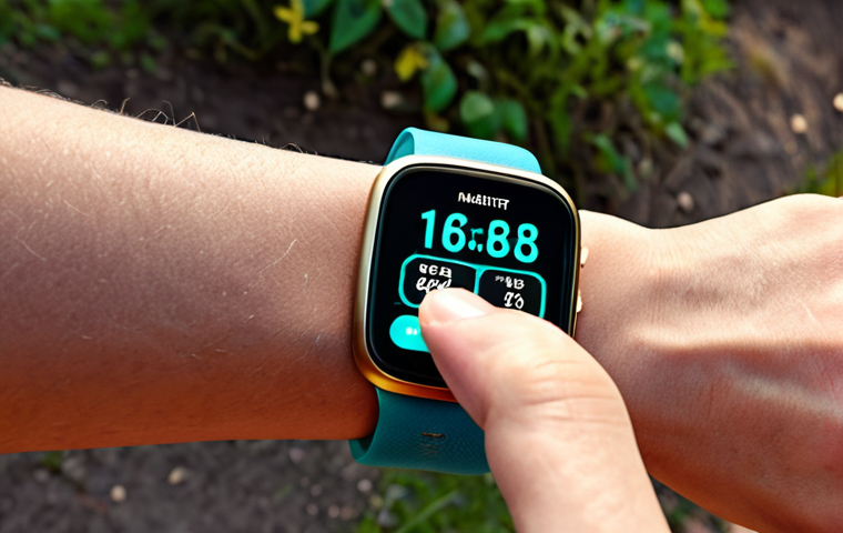 **Smartwatch on a wrist, displaying health data metrics like heart rate and sleep patterns, with a background suggesting an active lifestyle (e.g., running trail or gym).**