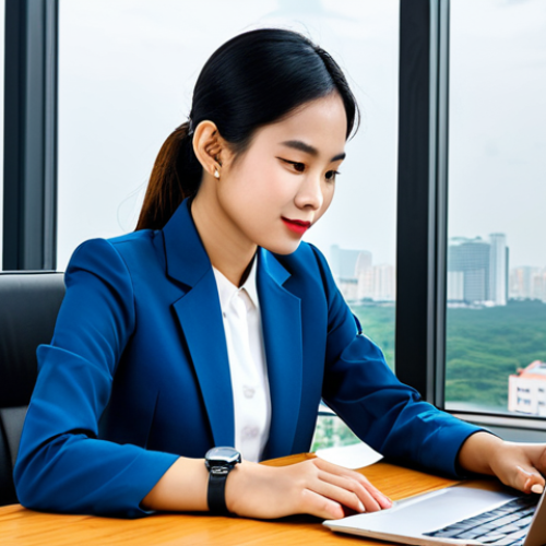 A young Vietnamese businesswoman in a modest, professional business suit, appropriate attire, fully clothed, sitting confidently at a sleek, modern desk in a bright, contemporary office space with large windows overlooking a vibrant city skyline, subtly hinting at Ho Chi Minh City. She is subtly interacting with a high-end smartwatch on her wrist, featuring a customizable watch face and a stylish, perhaps leather or metal, band that complements her outfit. Natural, professional pose, well-formed hands, proper finger count, correct proportions. Professional photography, soft natural lighting, high resolution, ultra-detailed, safe for work, appropriate content, modest, family-friendly, perfect anatomy, natural body proportions.