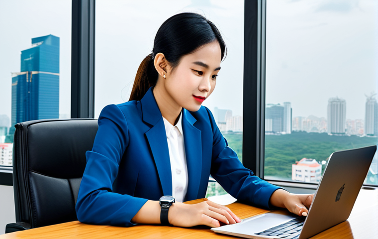 A young Vietnamese businesswoman in a modest, professional business suit, appropriate attire, fully clothed, sitting confidently at a sleek, modern desk in a bright, contemporary office space with large windows overlooking a vibrant city skyline, subtly hinting at Ho Chi Minh City. She is subtly interacting with a high-end smartwatch on her wrist, featuring a customizable watch face and a stylish, perhaps leather or metal, band that complements her outfit. Natural, professional pose, well-formed hands, proper finger count, correct proportions. Professional photography, soft natural lighting, high resolution, ultra-detailed, safe for work, appropriate content, modest, family-friendly, perfect anatomy, natural body proportions.